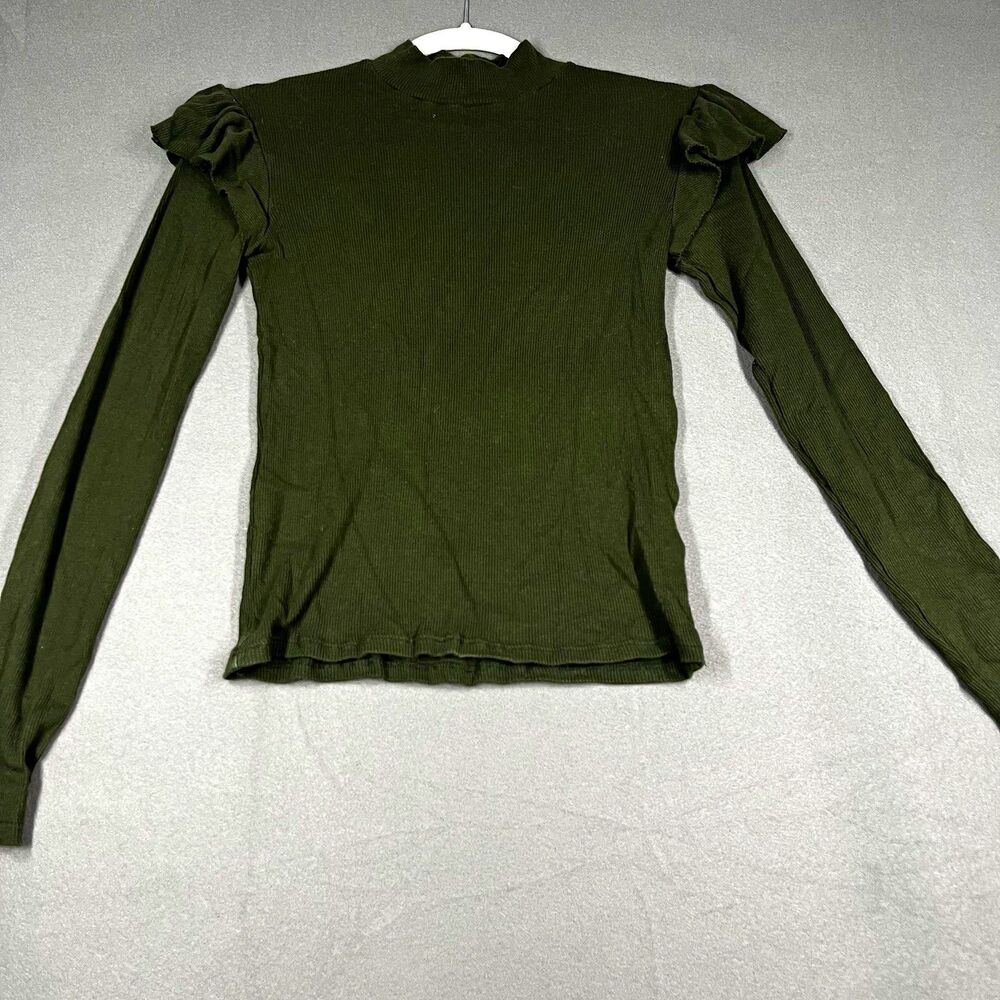 ZARA Trafaluc Green Ribbed Knit Mock Neck Ruffle Shoulder Long Sleeve Top s